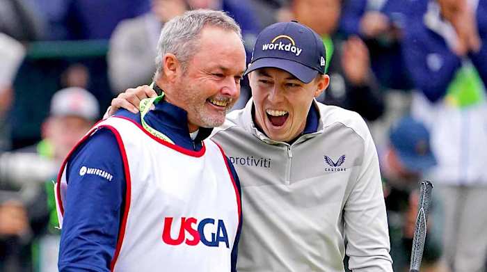 Matt Fitzpatrick celebrates his 2022 U.S. Open win with caddie Billy Foster.